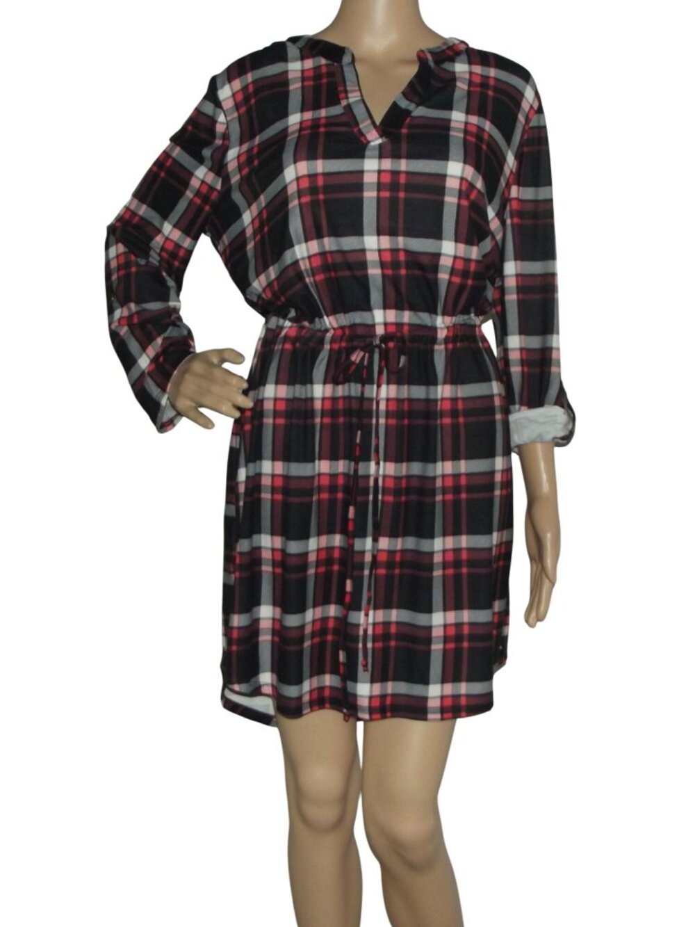 Bobbie Brooks ShirtDress Womens Large black coral plaid pullover cinched waist